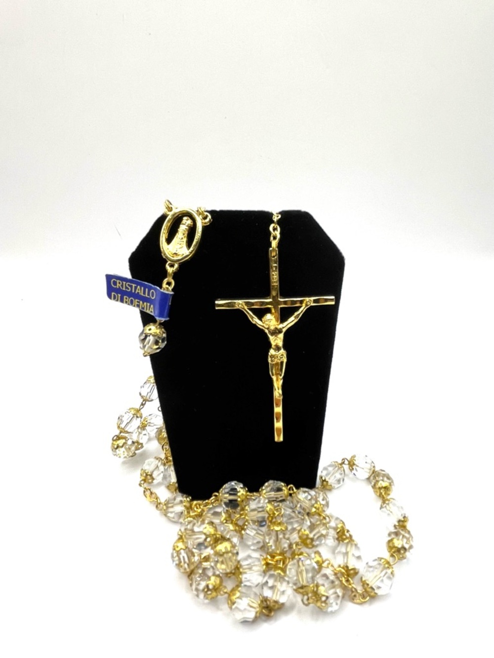 Gold Crucifix Rosary Necklace with Clear Bohemian Crystal Beads 59 Beads Mary